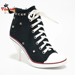 Stivali da donna in tela alta stivali con tacco sottile scarpe da donna in Denim alla caviglia con lacci 9cm tacchi da donna scarpe di tela alla caviglia donna cerniera laterale