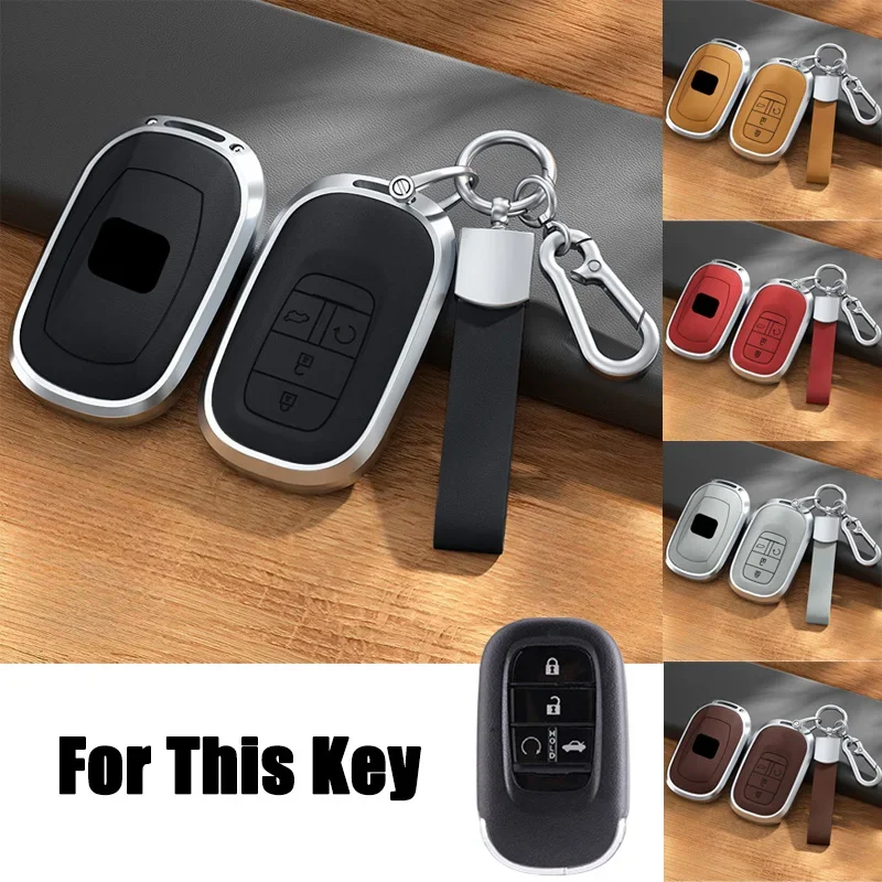 

Aluminum Alloy Leather Car Smart Remote Key Fob Case Cover Holder With Keychain For Honda EX EX-L Civic Vezel Sport SI Accord