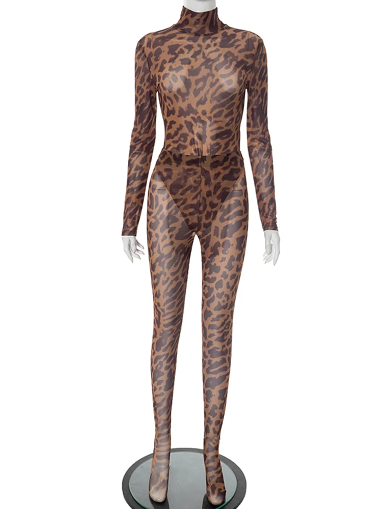 Strano gatto stampa leopardata maglia sexy set da 2 pezzi dolcevita da donna tuta a maniche lunghe + pantaloni lunghi skinny color pesca abito stile selvaggio