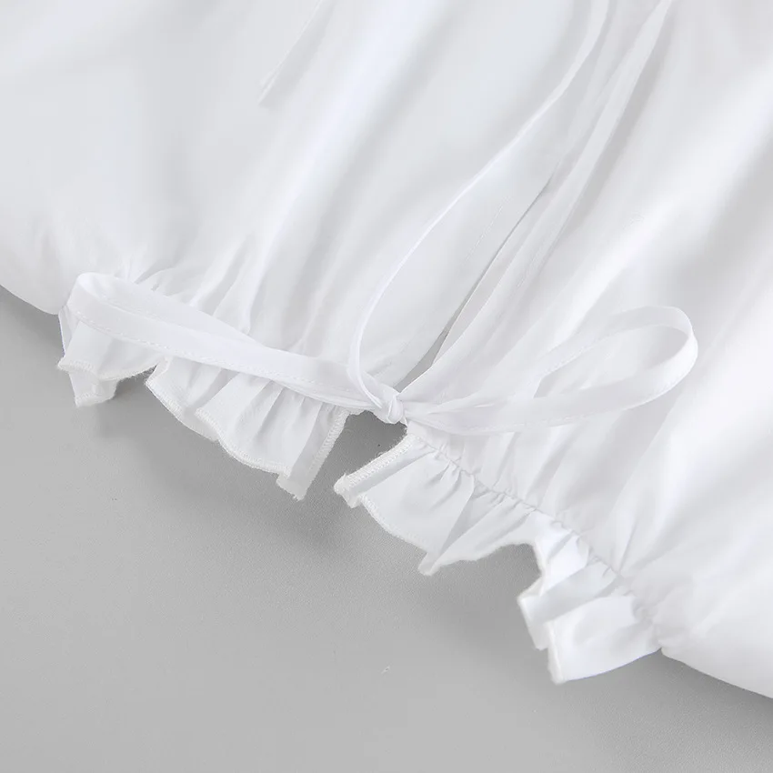 فستان نسائي من JHJN فستان أبيض مكشكش حلو على طراز الشاطئ مزين بالدانتيل ورقبة دائرية فستان فضفاض بدون أكمام للحفلات أنيق