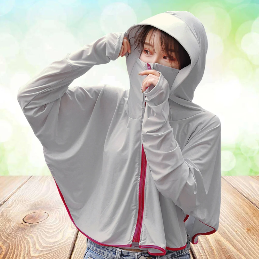 

Women Sun Screen Cloak Summer Grey Sunscreen Cloak Uv Protection Hooded Zipper Cycling Riding Beach Holiday Sunscreen Jacket