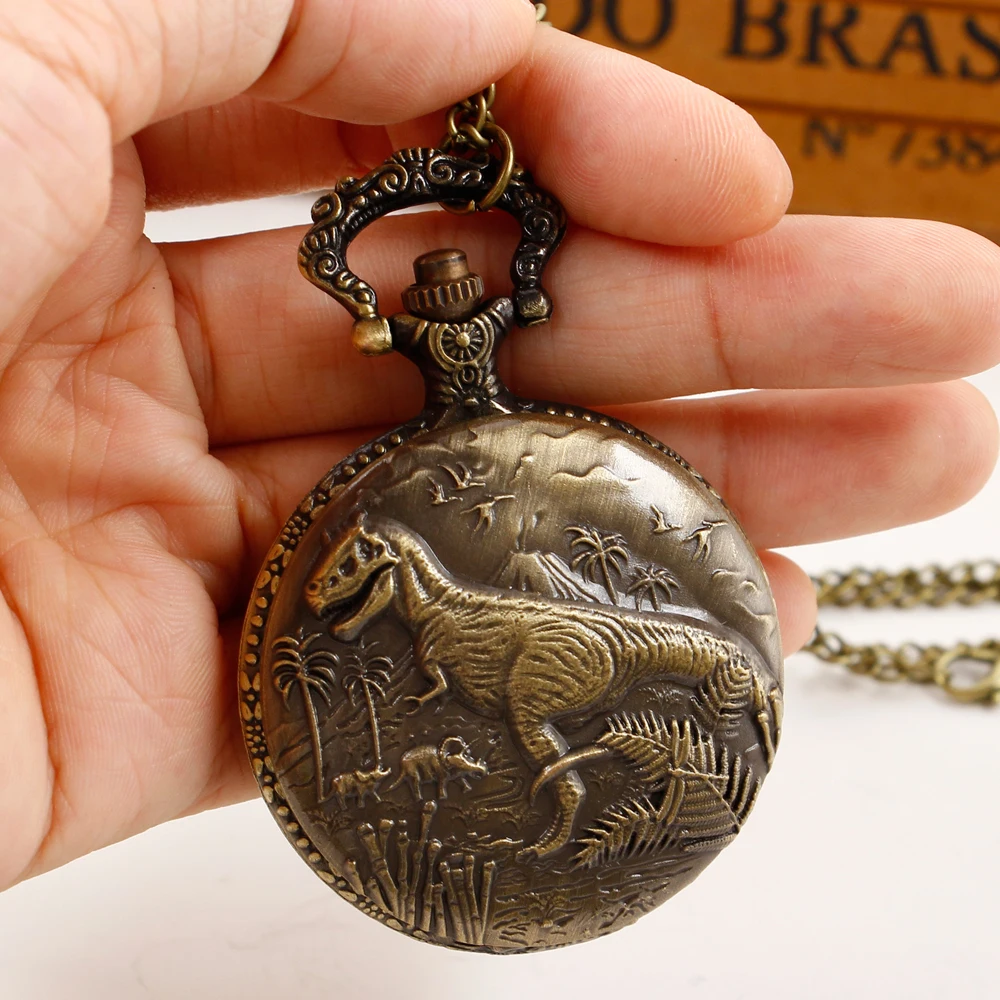 Creative Bronze Dinosaur 3D Carved Quartz Pocket Watch Boy Gift Souvenir Unique Unisex Fob Clock