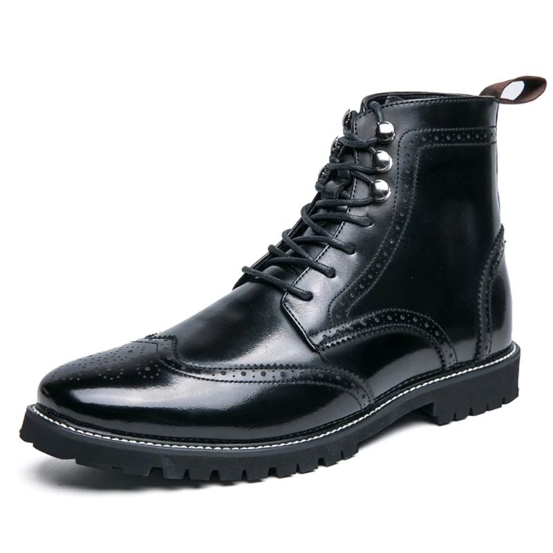 Formal Men Boots British Style Brogue Boots Man Mid Calf Dress Patent Leather Boots Plus Size 38-48 Bota Masculina