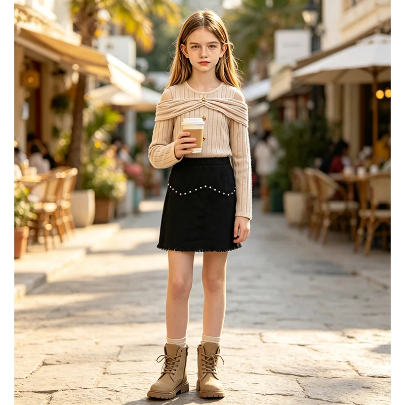 Girls 8-12 Spring Autumn 2Pcs Daily Outfit, Cold Shoulder Ribbed Long Sleeve Top with Rhinestone Fringe Skirt Casual Kids Suit