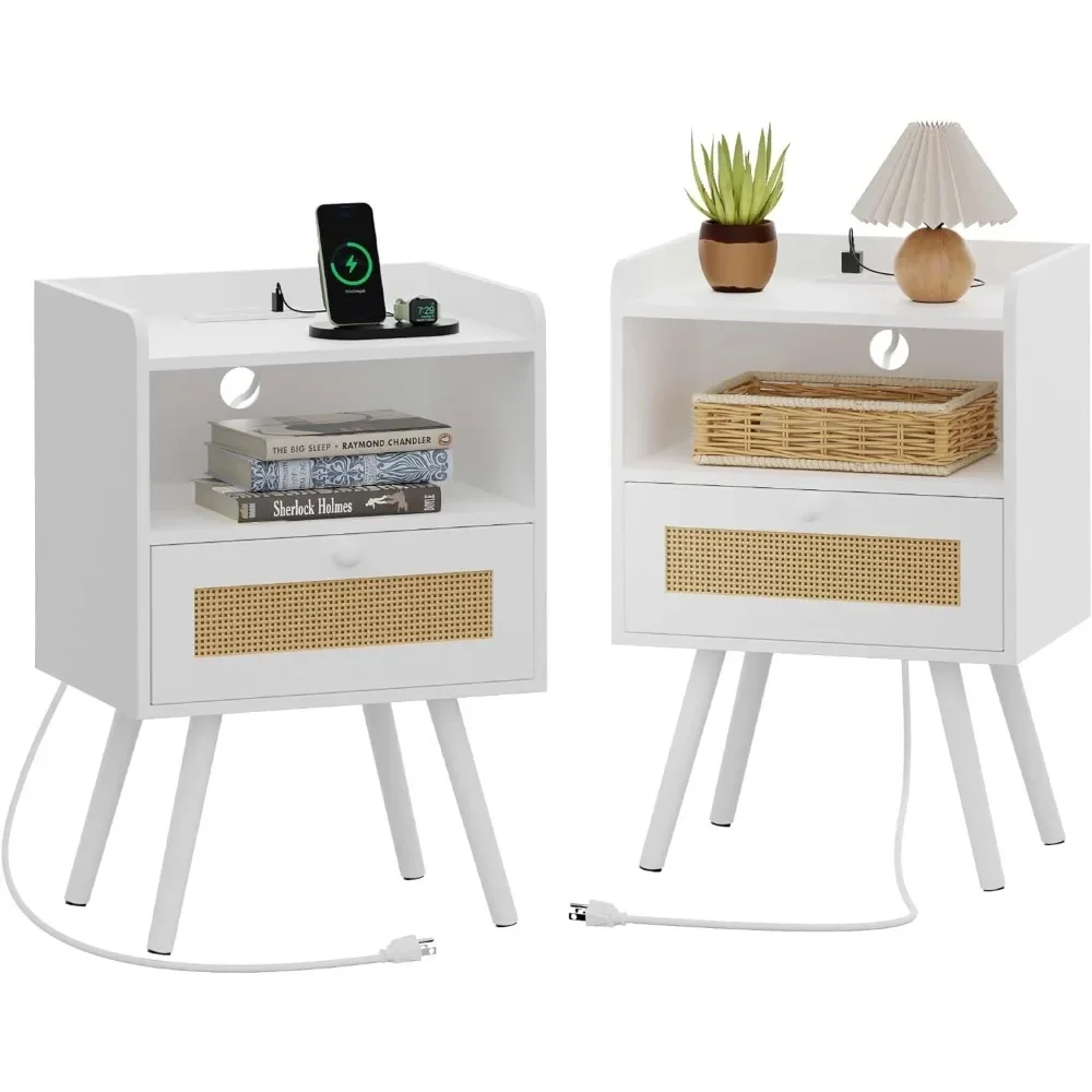 

Nightstands with Charging Station Bedside Table Set of 2 with PE Rattan Drawers Rattan Side Table with Storage & Solid Wood Feet