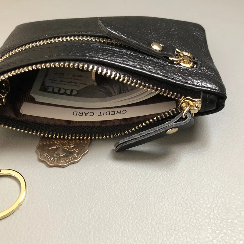 Genuine Leather ID Card Holder Women Wallet Coin Purses Key Chain Pendant Homemade Zipper Ladies Money Bag Pouch Ins Japan Kpop