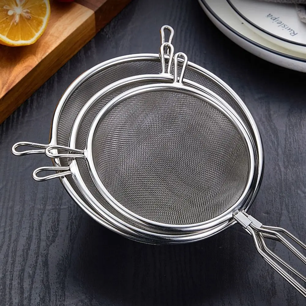 Stainless Steel Flour Filter Screen Handle Double Ear Screen Fine Mesh Strainer Soybean Milk Snack French Fries Cooking Spoon