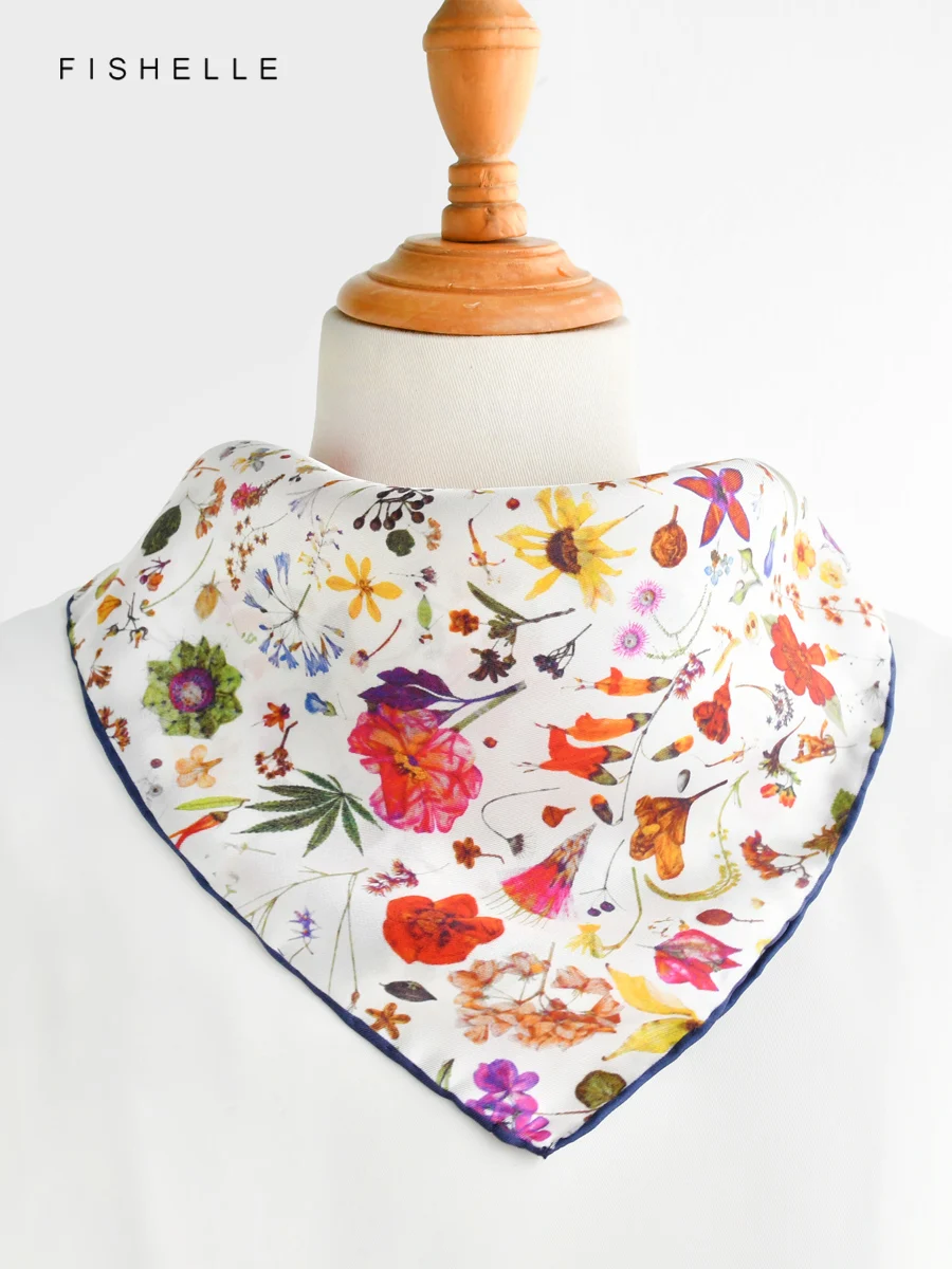 White Floral Print 100% Silk Scarf Women Wrap Neckerchief 50cm Twill Shawl Spring and Autumn Square Scarf Luxury Gift