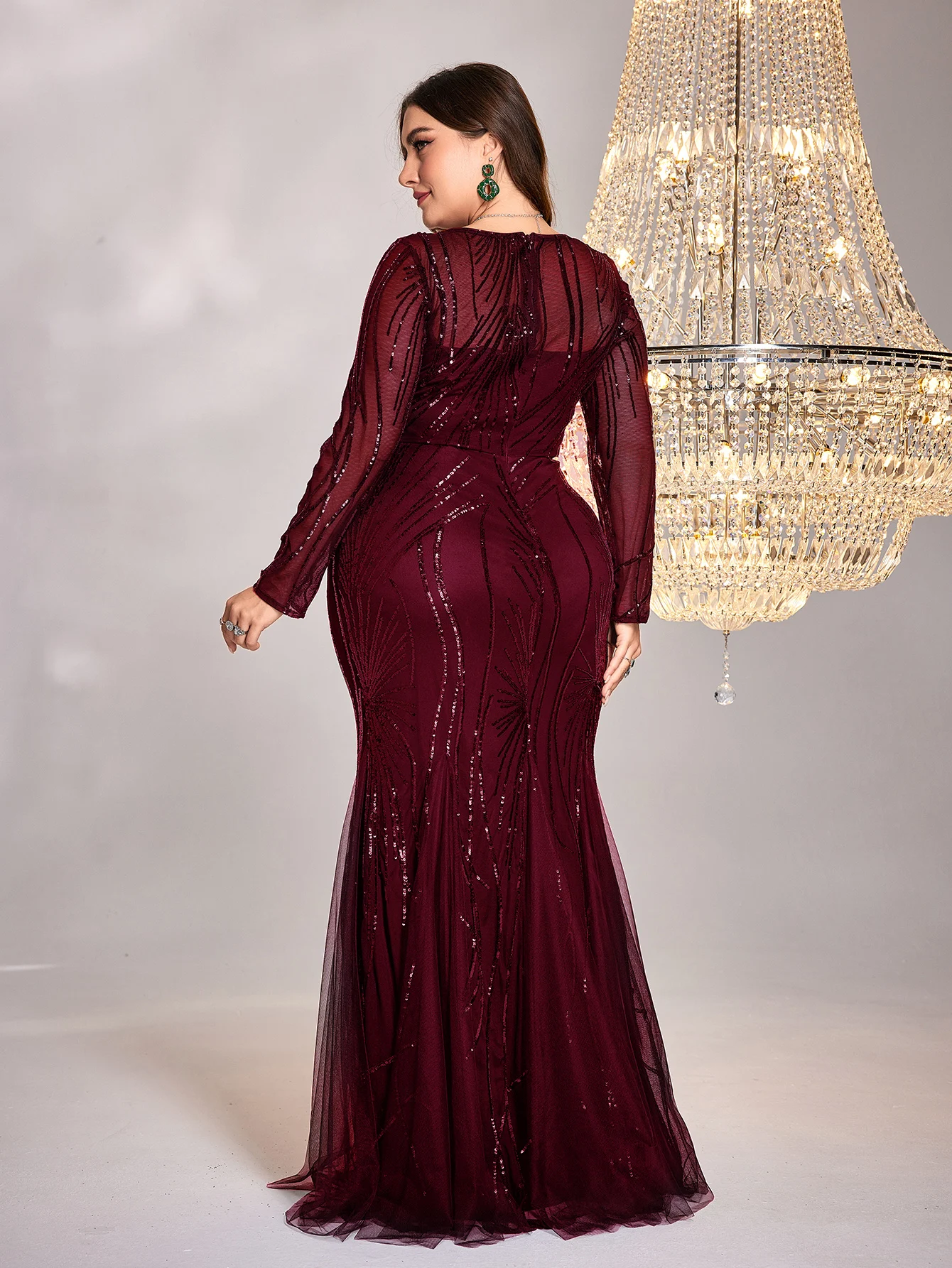 Plus Size Red Elegant Long Sleeves Sequin Tulle Evening Dresses Women Luxury O-neck Mermaid Formal Wedding Party Maxi Prom Gown view 3