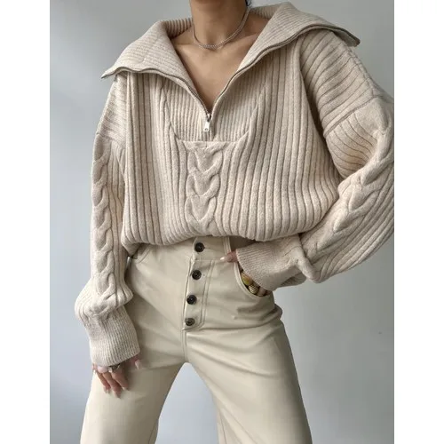 Mai Rica Beige Hair Weave Zipper Knitwear Sweater