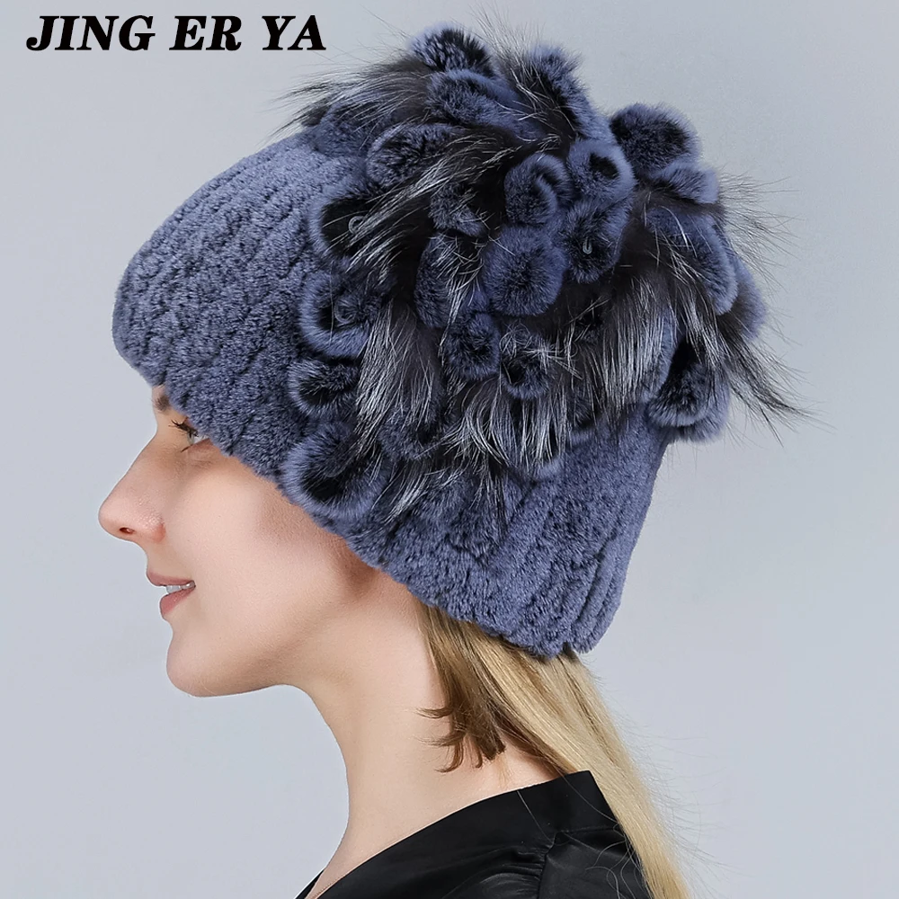 JERYAFUR Winter Women\'s Warm Fashion Beanie Knitted Hat Real Rex Rabbit Fur Hat Knitted with Side Flower Russia Hat