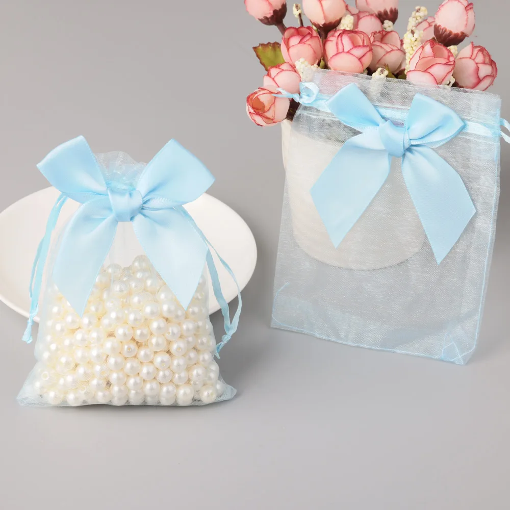 10 sztuk/partia 9x12cm nowa torba z organzy Bowknot prezent świąteczne wesele torby na cukierki wykwintne opakowanie biżuterii etui ze sznurkiem
