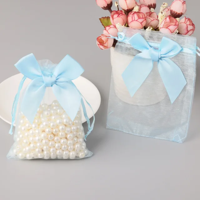 10 sztuk/partia 9x12cm nowa torba z organzy Bowknot prezent świąteczne wesele torby na cukierki wykwintne opakowanie biżuterii etui ze sznurkiem