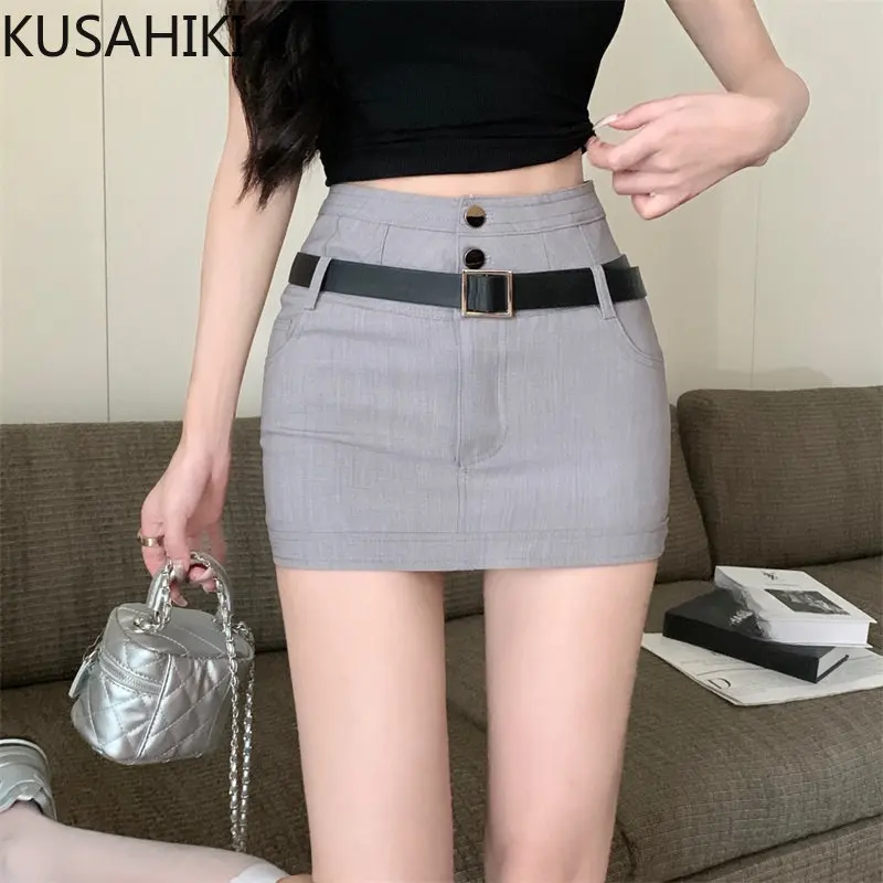 KUSAHIPastel-Jupes taille haute pour filles avec ceinture, Mini jupe mince sexy, Bas de style coréen, Épicé, Mode Y2K, Nouveau, 2023