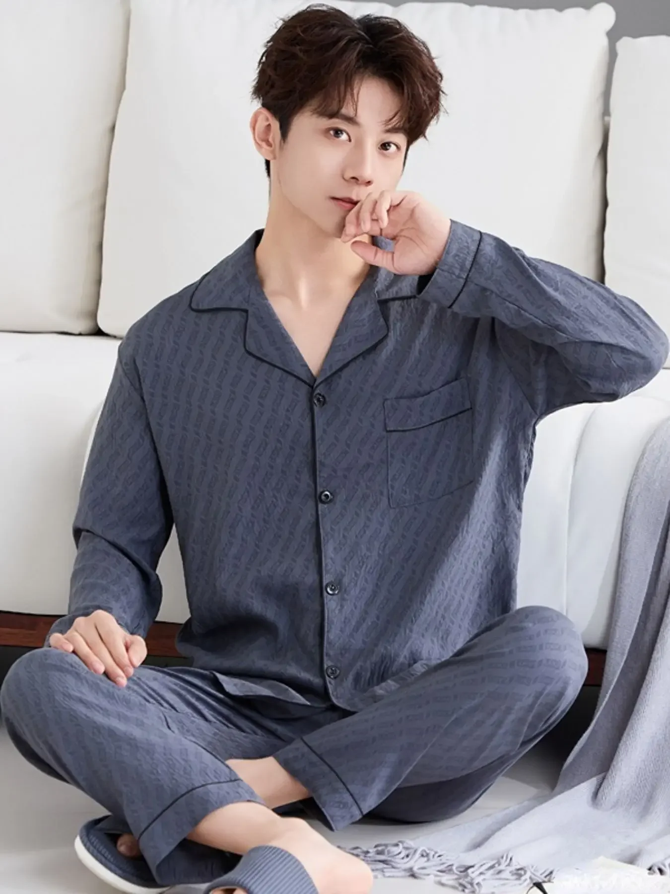 Men's Spring/Summer Letter Print Pajama Set Casual Comfort Soft Y2K Style Long-Sleeve Top and Long Pant Two-Piece Set Loungewear