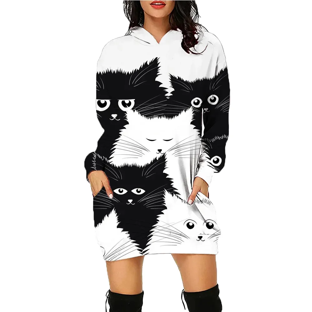 Pet Curtoon Cat Printed Hoodie Dress Women\'s Top Workout Sweatshirt Long Sleeve Pullover Autumn Winter Loose Tee Traf Vestidos