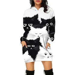 Pet Curtoon Cat Printed Hoodie Dress Women's Top Workout Sweatshirt Long Sleeve Pullover Autumn Winter Loose Tee Traf Vestidos