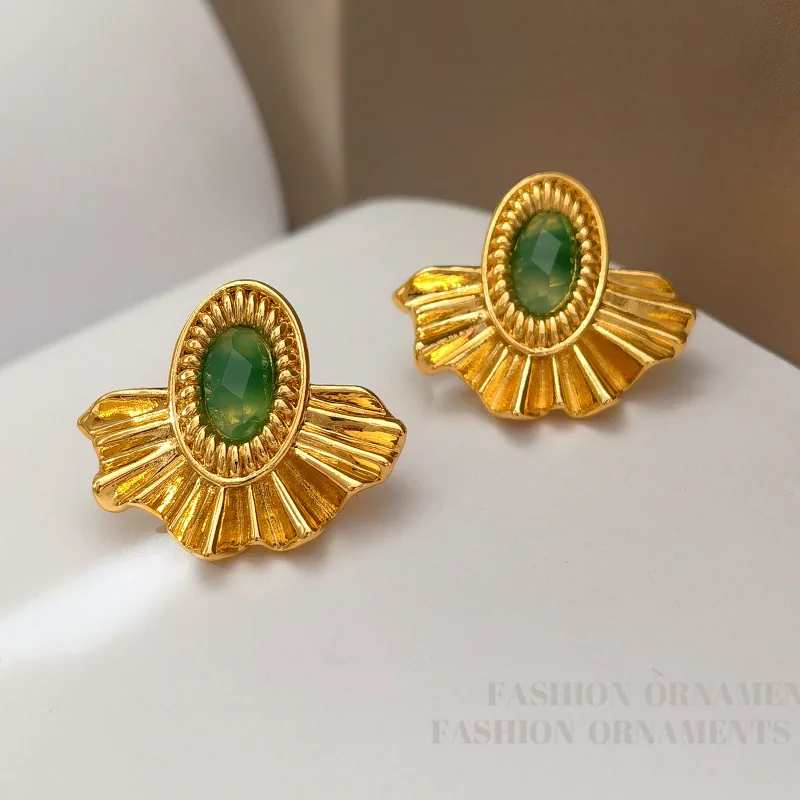 S925 Silver Needle Women Designer Vintage Green Resin 18k Gold Plated Ruffles Dangle Earrings Set , Woman Ear Accessories Gift