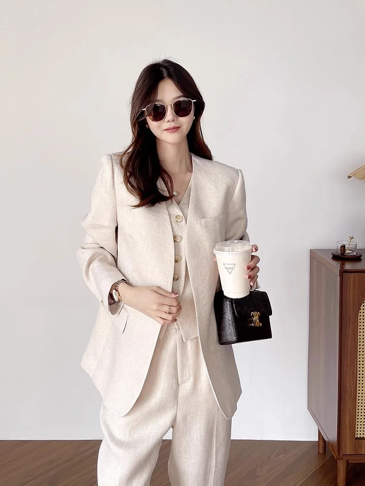 

Korean Faion Linen Two-Piece Set High Waist Nine-Piece V-Ne Tank Top And Pants Ele Sle for Autumn Season