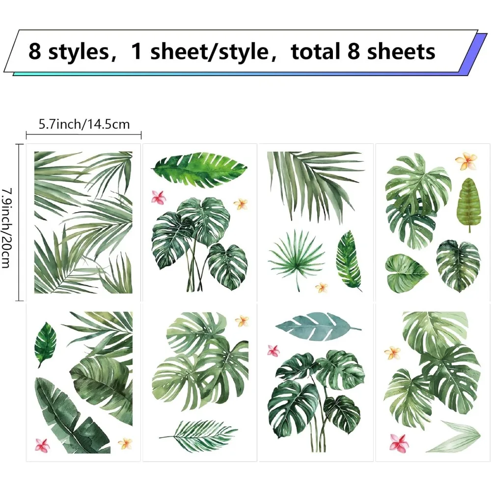 8 Sheets Turtle Leaf Wall Stickers Green Plant Flower Self Adhesive Wall Decals Window Clings Stickers Peel and Stick PVC