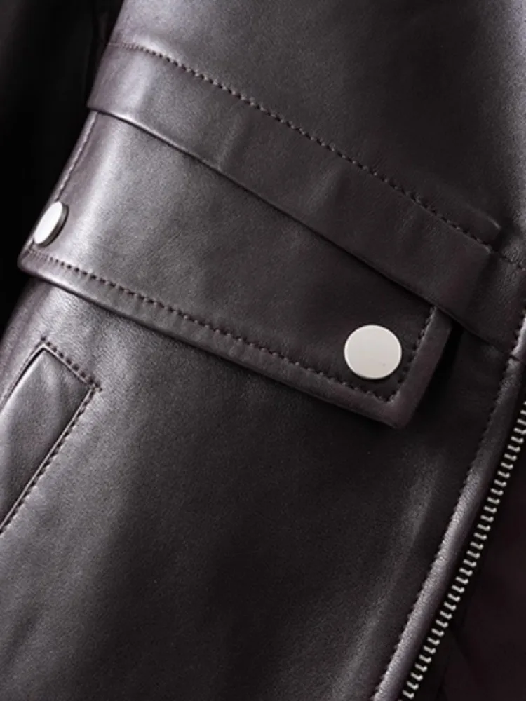 高品質天然シープスキン女性ショートコートスタンドカラー春秋の新ストリートパンクオートバイ本革ジャケット