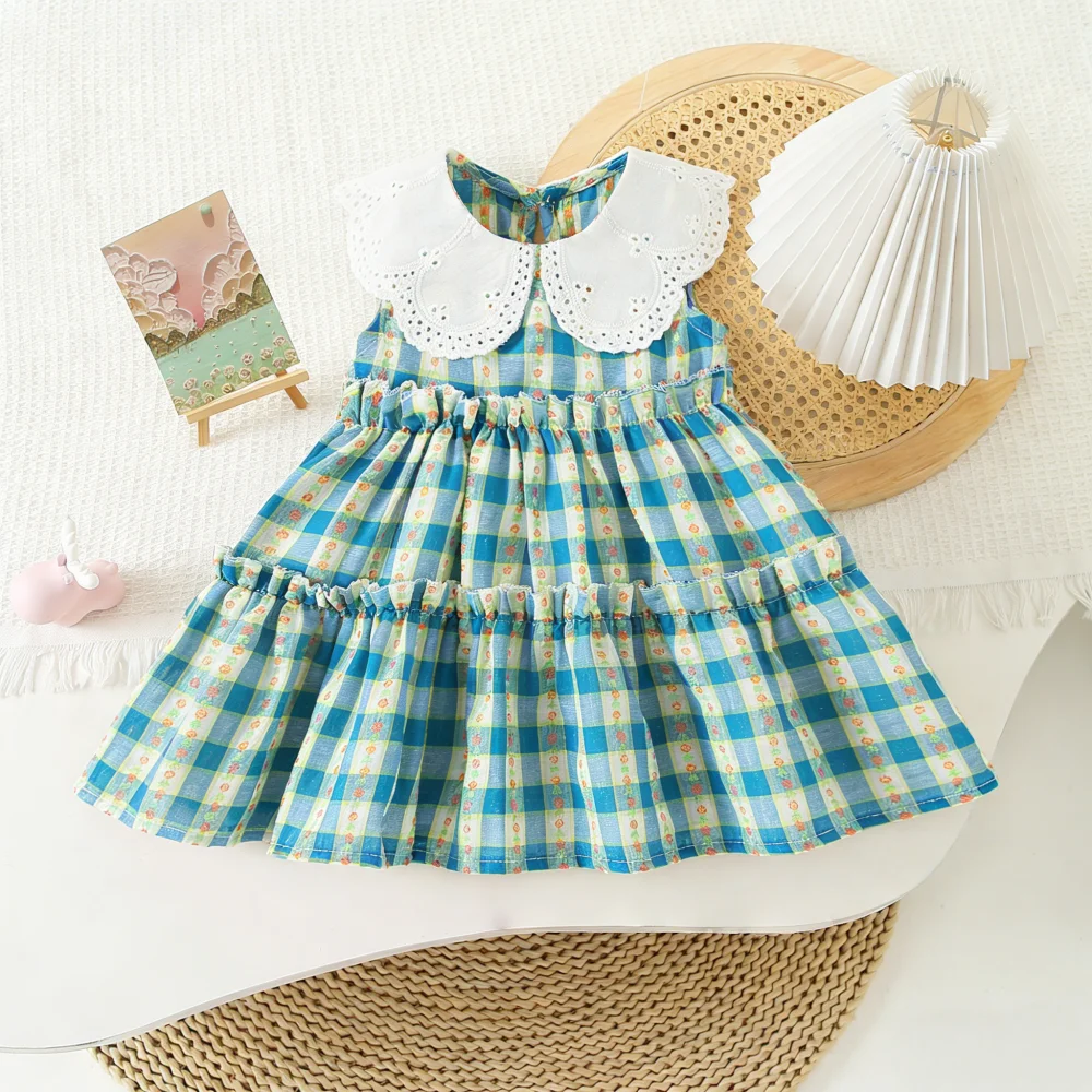 

Girls' Dress Summer Blue Plaid Sleeveless Baby Girl Dress Adorable Collared Beach Baby Dress Baby Girl Clothes