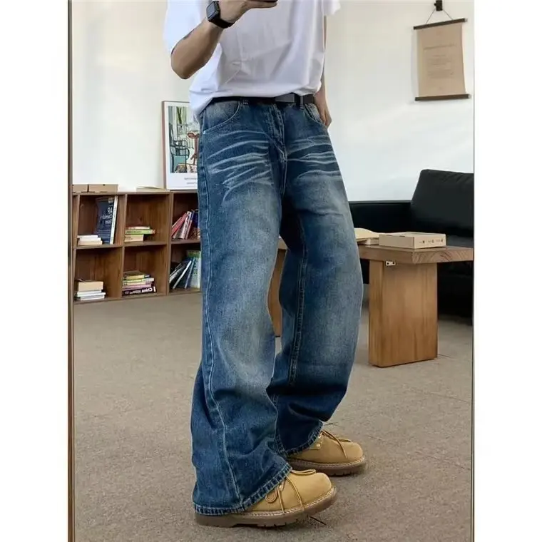 جينز رجالي عتيق فضفاض مستقيم الساق كلاسيكي أزرق كاجوال مريح مستقيم مناسب جينز شبابي عصري ملابس الشارع #4