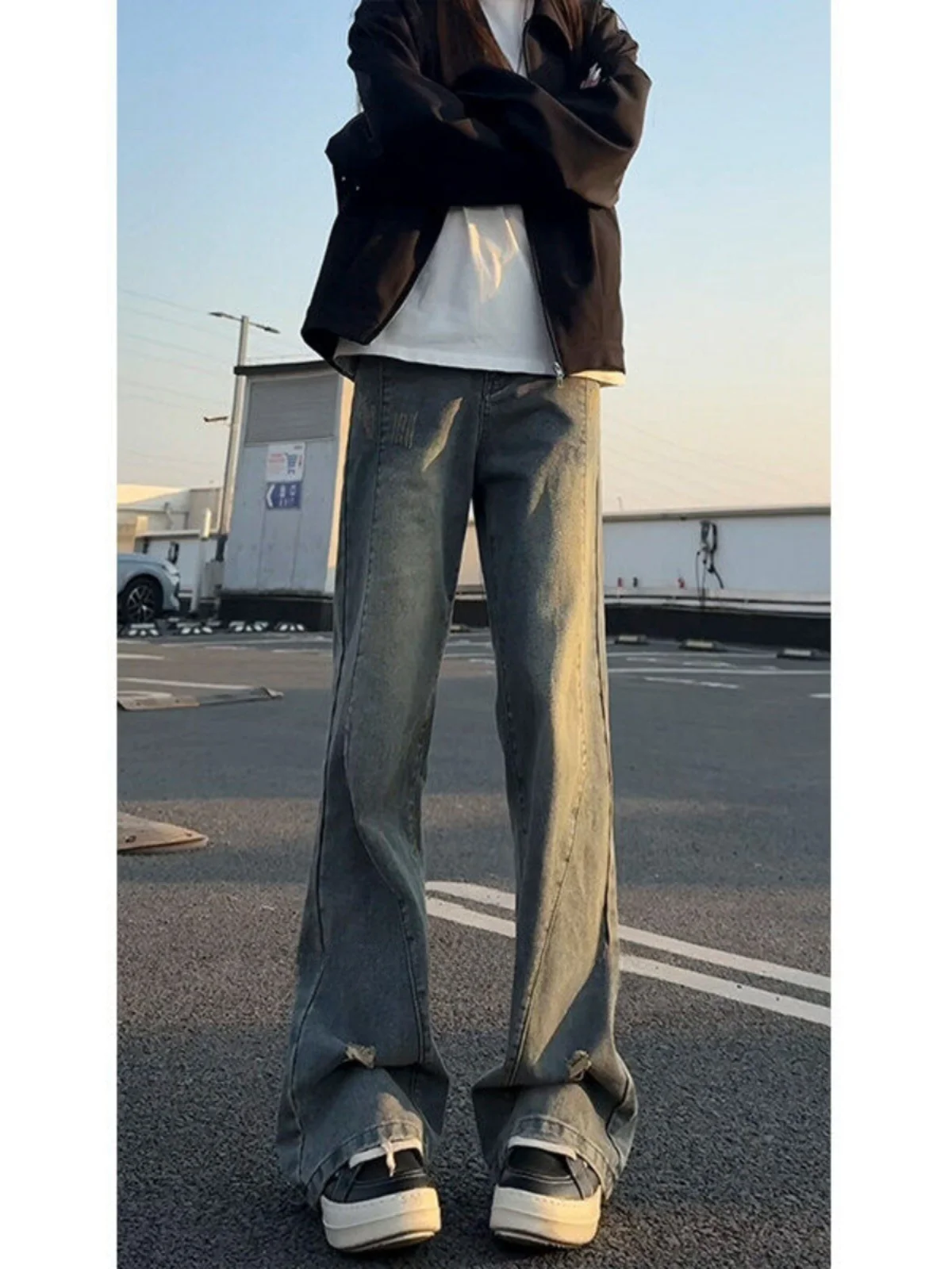 

Retro Blue Waed Men's Spring Autumn Straight Leg Floor-Length Jeans Wide Leg Pants Youthful Trendy Durable Wear Resistant