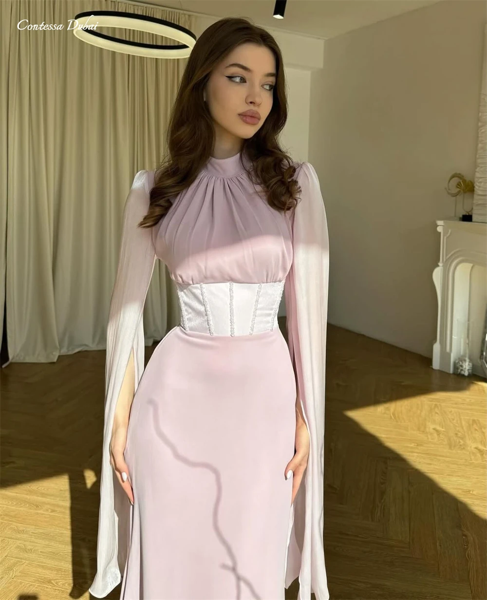 

Contessa Custom evening dress prom dress bridesmaid dress High Neck Sheer Split Sleeve Satin Corset Floorlength Chiffon Elegant