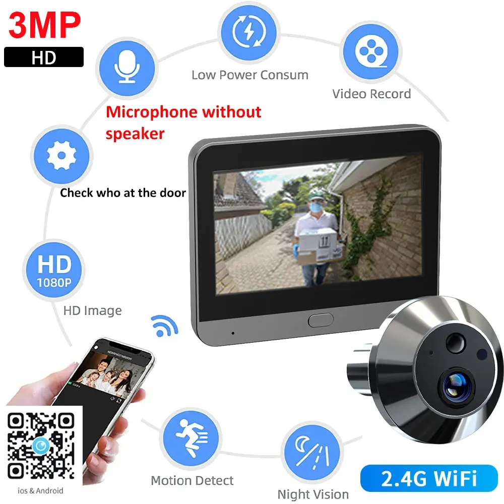 3MP Security protection Door peephole camera icam365 4.3 IPS Screen Night PIR wifi Phone wireless Camera for Smart Home