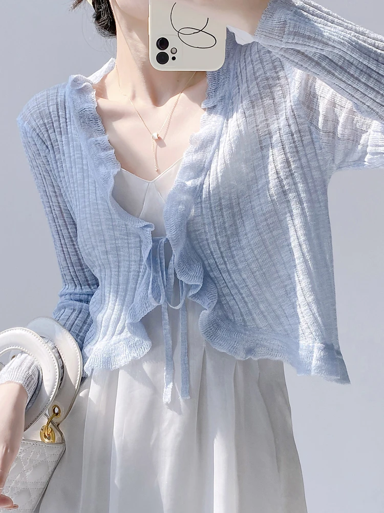 

Женский укороченный топ с длинными рукавами и кружевной отделкой на одной пуговице, женский вязаный кардиган с короткими рукавами и открытой передней частью, летний сказочный наряд