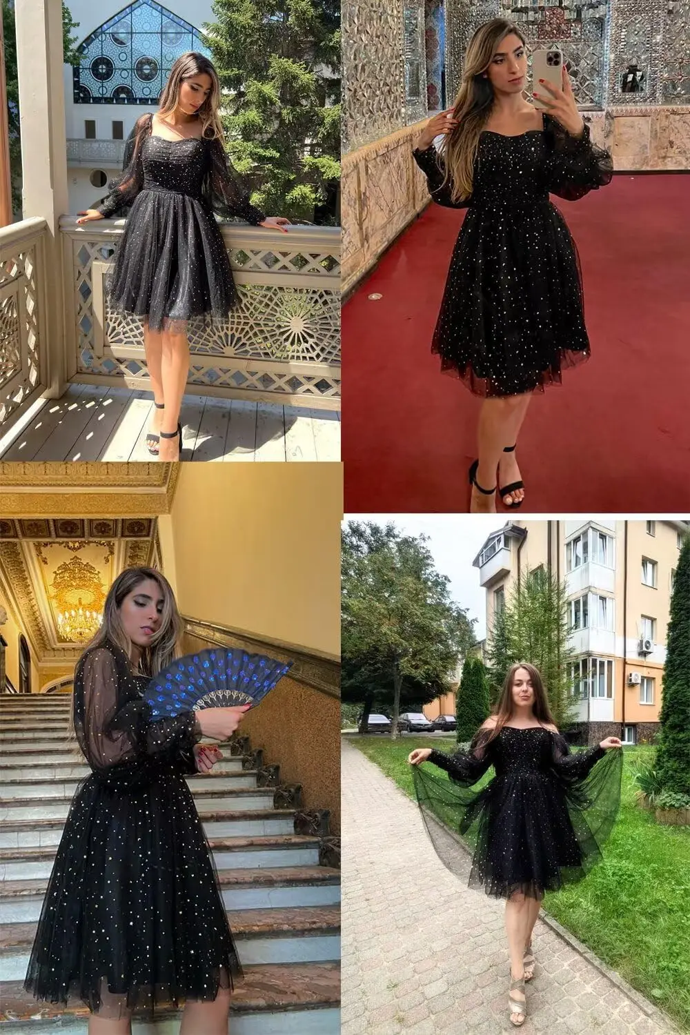 Vestido de baile de tule estrelado brilhante para adolescentes vestido de baile de manga bufante vestidos de noite formais com bolsos