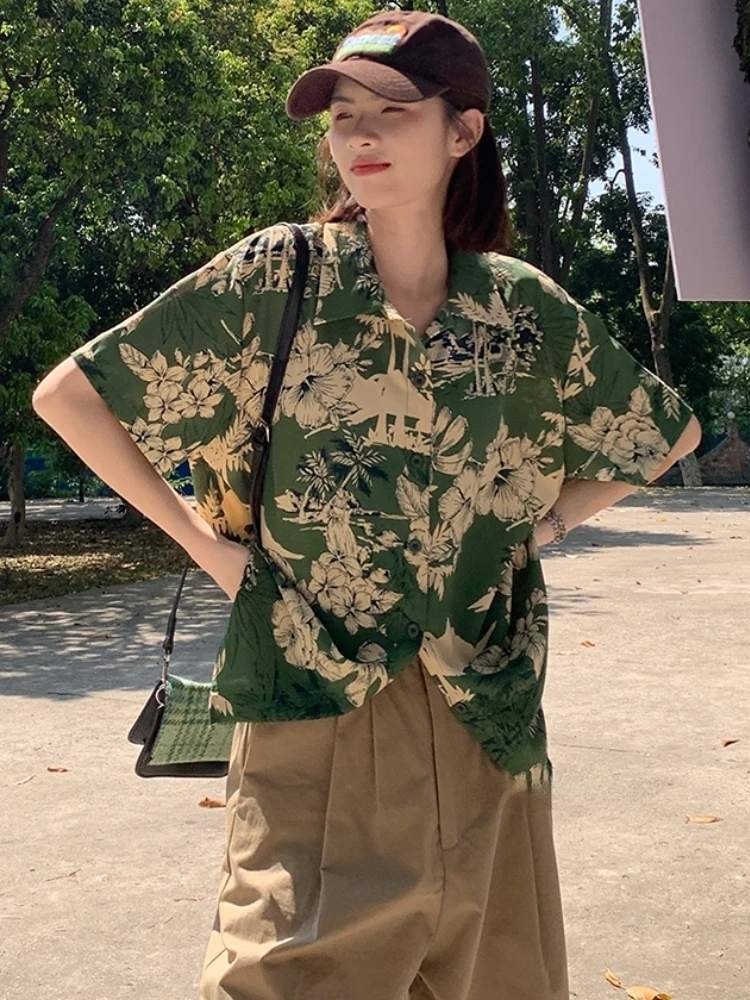 Shirts Women Holiday Loose All-match Fashion Korean Style Casual Retro Print Basic New Simple Design Students Summer Streetwear