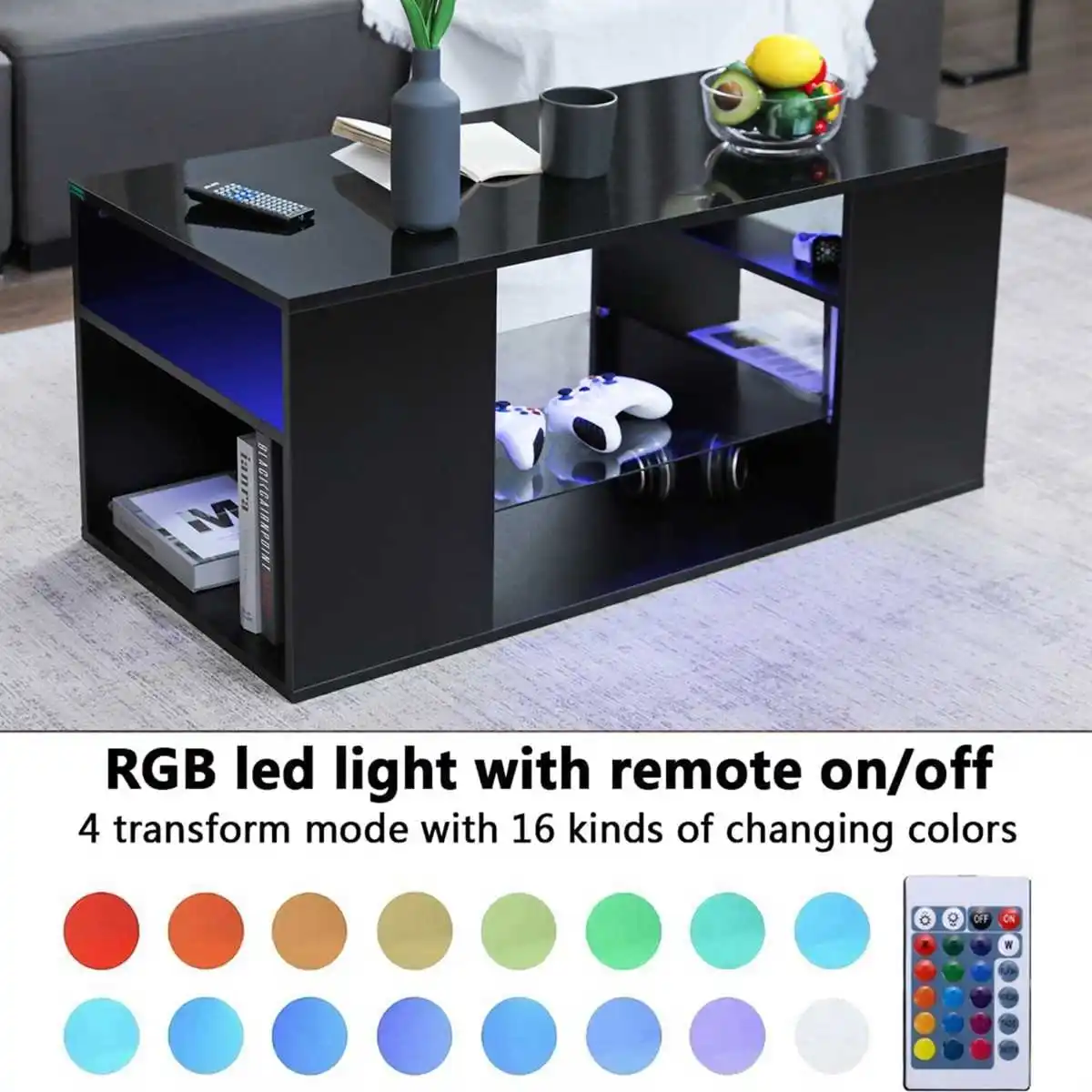 LED Coffee Tables for Living Room Modern Black with 3 Shelves Open Glass Storage Center Table Sofa Cocktail Table with 16 Colors