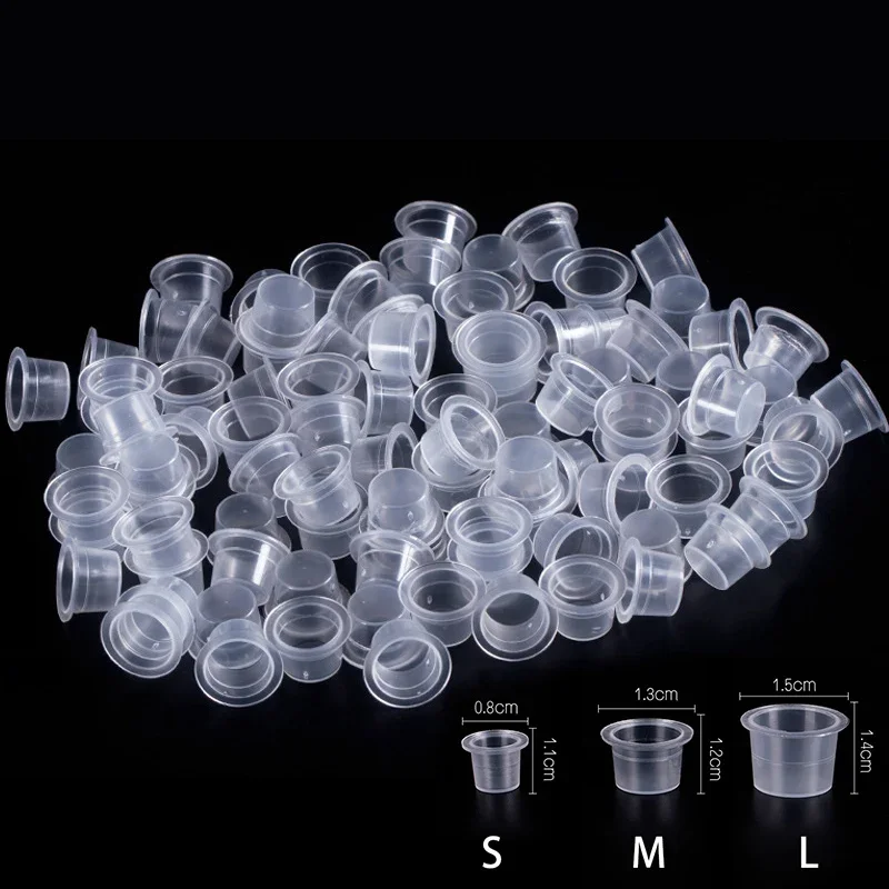 Tatuagem Tinta Copos Plásticos, Pigmento Descartável, Clear Holder, Container Caps, Lip Sobrancelha, PMU Tattoo Acessórios, S, M, L, 100 Pcs