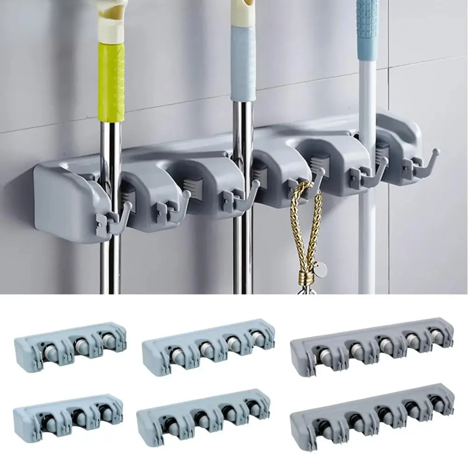 Versatile Plastic Wall-Mounted Mop Holder with Broom Hook for Bathroom Organization - 3/4/5 Position Multi-Functional Broomstick