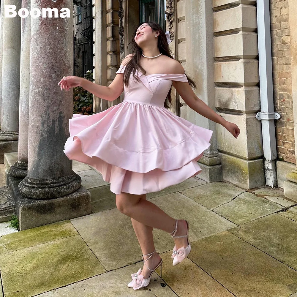 

Booma Blush Pink A-Line Short Prom Dress Tiered Stain Off Shoulder Birthday Party Dress for Girls Special Occcasion Gowns