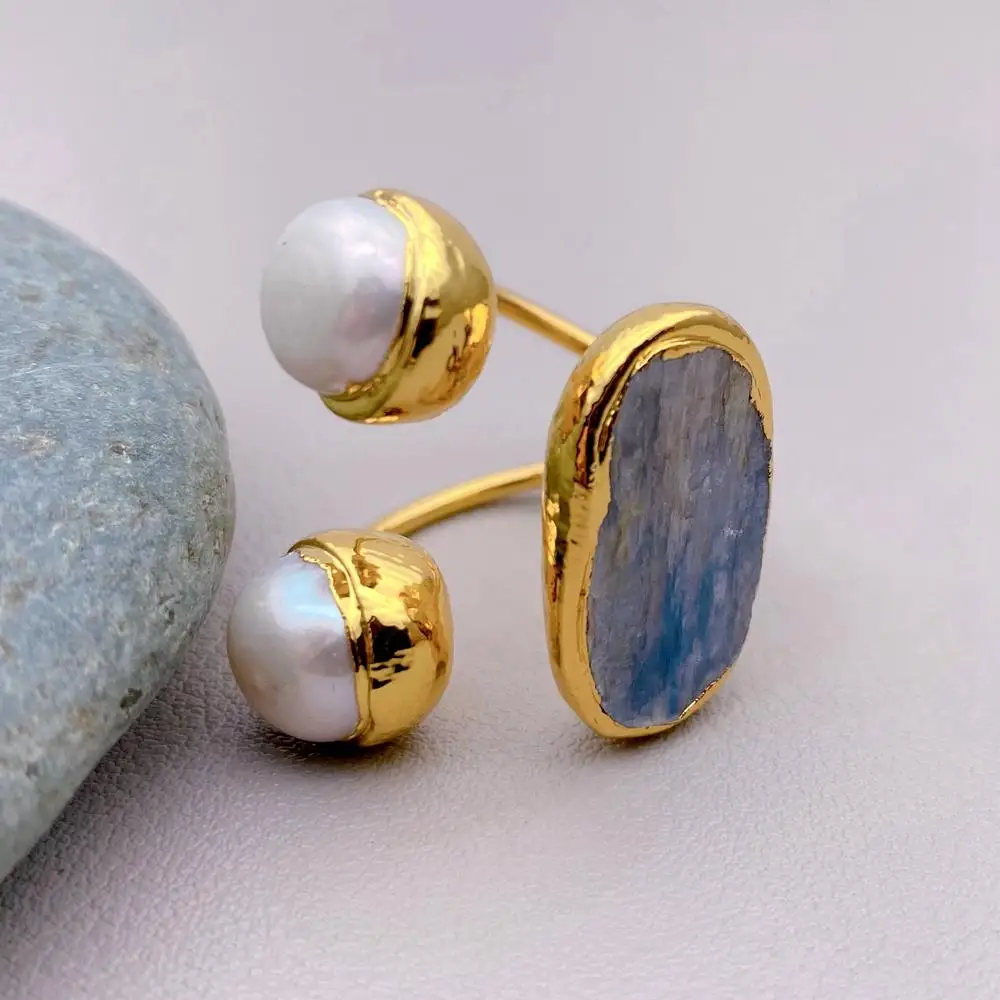 YYGEM الأحجار الكريمة الطبيعية النحاس الأبيض اللؤلؤ 15x22mm الأزرق الكيانيت خواتم الاصبع قابل للتعديل #3
