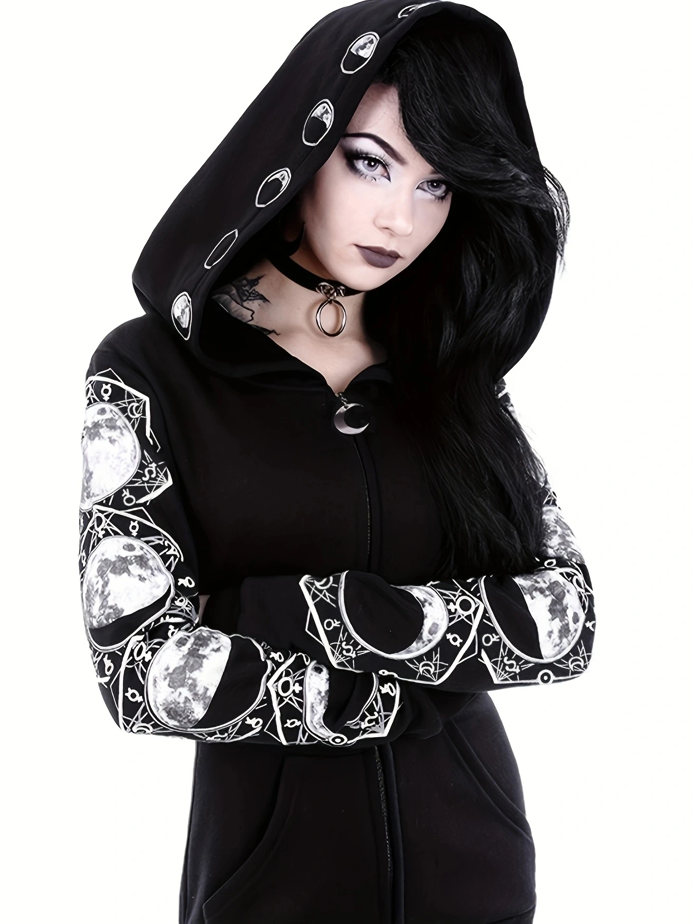 Y2K Gothic Moon Hoodie - Women\'s All-Season Zip-Up with Front Pocket | Comfortable Polyester Blend | Geometric Pattern