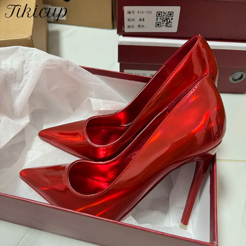 Tikicup Sexy Dunne 12 cm Hoge Hakken Vrouwen Glanzend Rood Patent Puntige Teen Elegante Stiletto Pompen Bruiloft Bruids Feestjurk schoenen