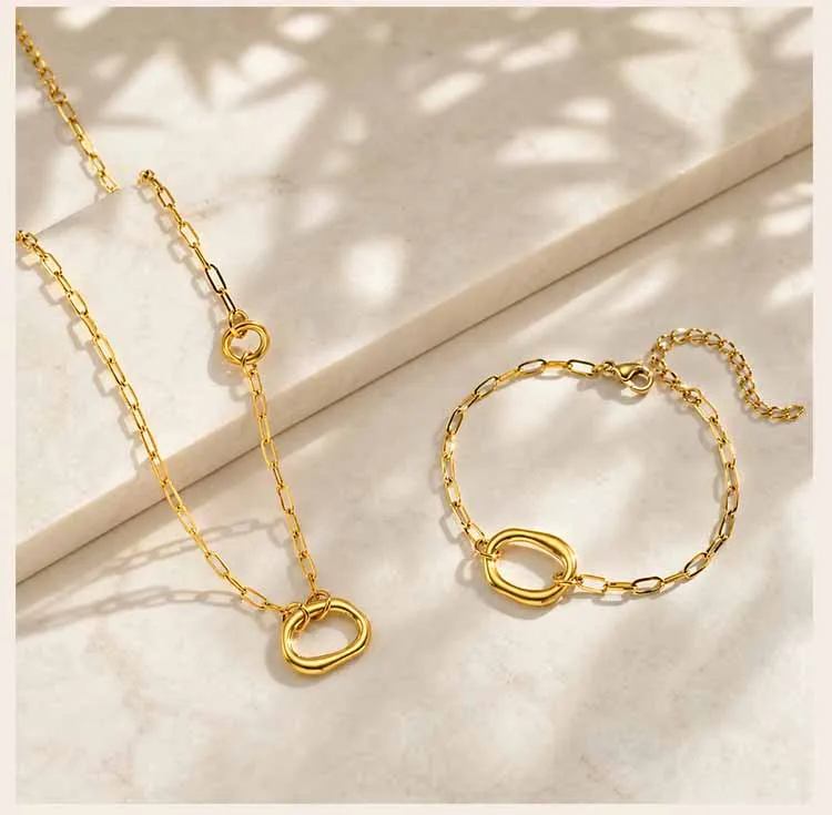 18K vergoldete Paperclip-Kette für Damen, Edelstahl-Kreis-Geometrie-Anhänger, minimalistischer Schichtschmuck – Detail 4