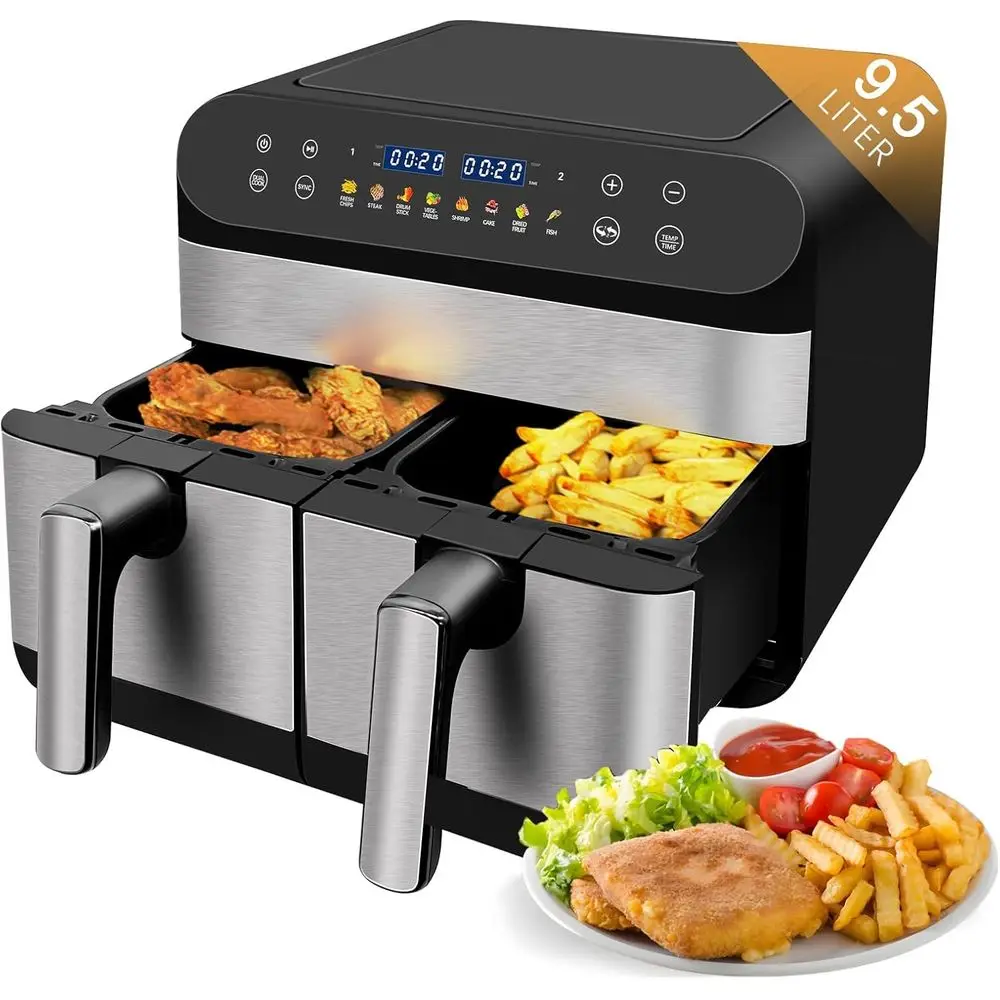 

9.5Qt Dual Basket Air ryer, Large Dual Zone Digital Airryer, 2 Ders, 8-In-1 Cooking Presets, with Smart inish, Oil ree & Low at