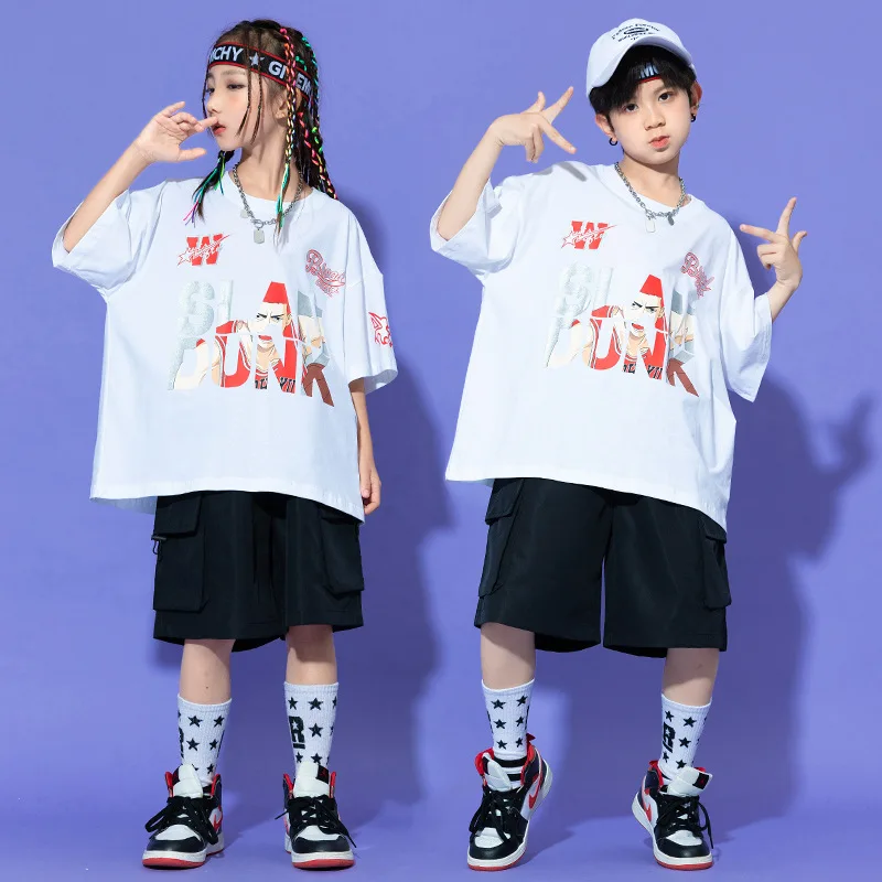 Kid Hip Hop Clothing White Graphic Tee Print T Shirt Black Casual Summer Cargo Shorts for Girl Boy Jazz Dance Costumes Clothes