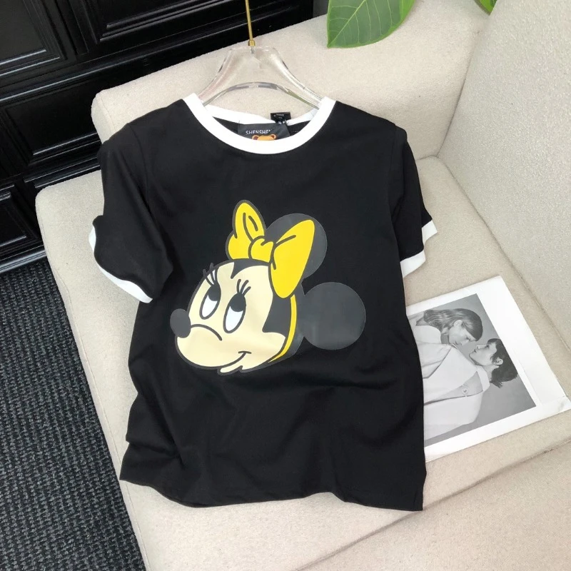 Wiosenne letnie koreańskie czerwone koszulki z krótkim rękawem swetry Retro kontrastowy kolor krawędzi projekt nadruk kreskówkowy krótki Casual top z krótkim rękawem