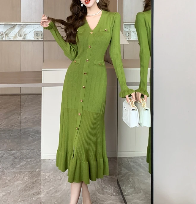 

Women's Dress Elegant French Socialite Solid Button Decor V-neck Long Sleeved Fishtail Ruffled Hem Knitted Sweater Long Dress