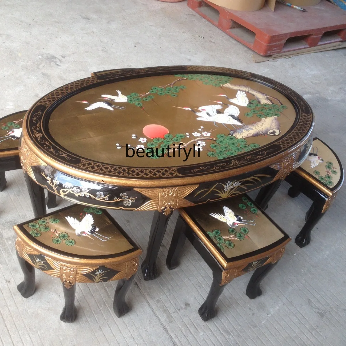 Chinese Style Tea Table Lacquerware Furniture Shell Bone Stone Inlaid Tea Table Living Room Gold Foil Mother-of-Pearl Craft