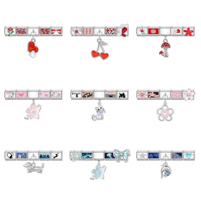 5PCS/SET Fashion 9MM Stainless Steel Elastic Y2K Flowers Cat Bow Italian Charm Accessory DIY Making Rings Bracelets Jewelry Gift