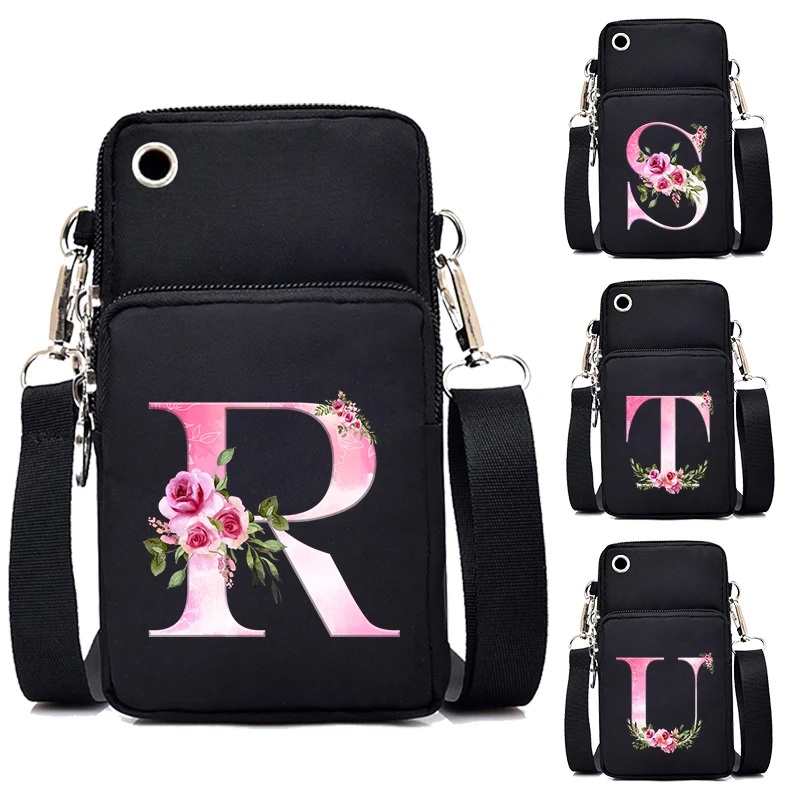 

Pink Gradient Rose 26 A-Z Alphabet Floral Mobile Phone Bag Women Letter Shoulder Bag Teen Portable Multifunctional Crossbody Bag