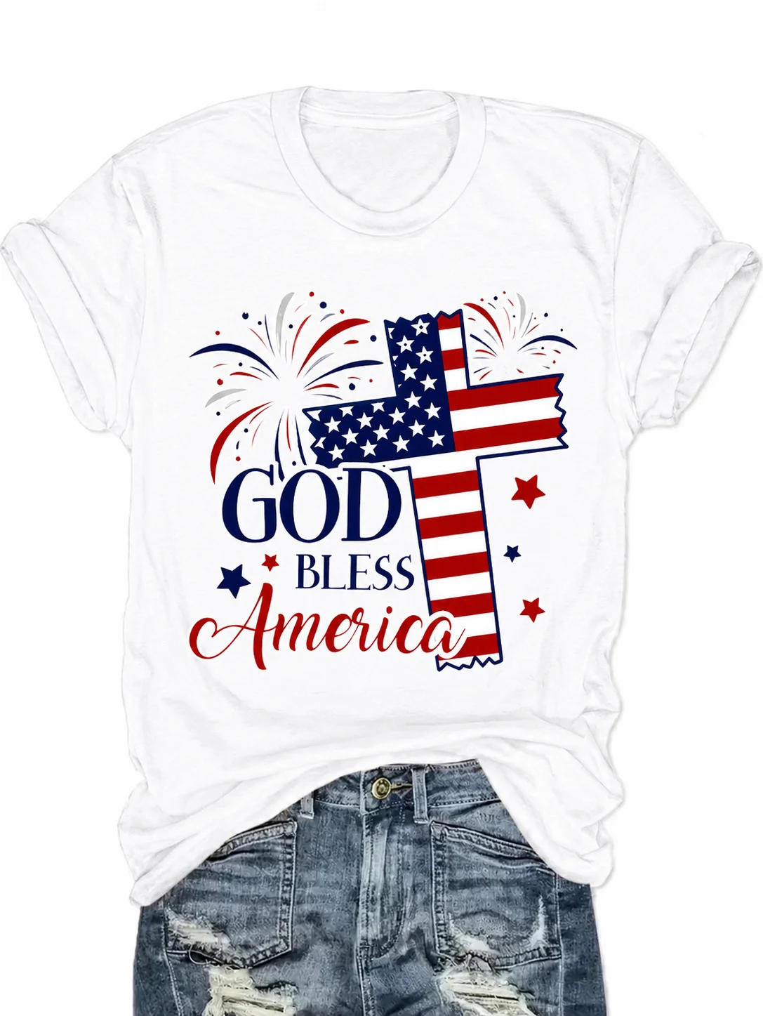 God Bless America Patriotic Cross Graphic Tee - Stylish 4th of July Fireworks Print Women's Casual Summer Top | USA Flag Design Perfect for Independence Day Celebrations
