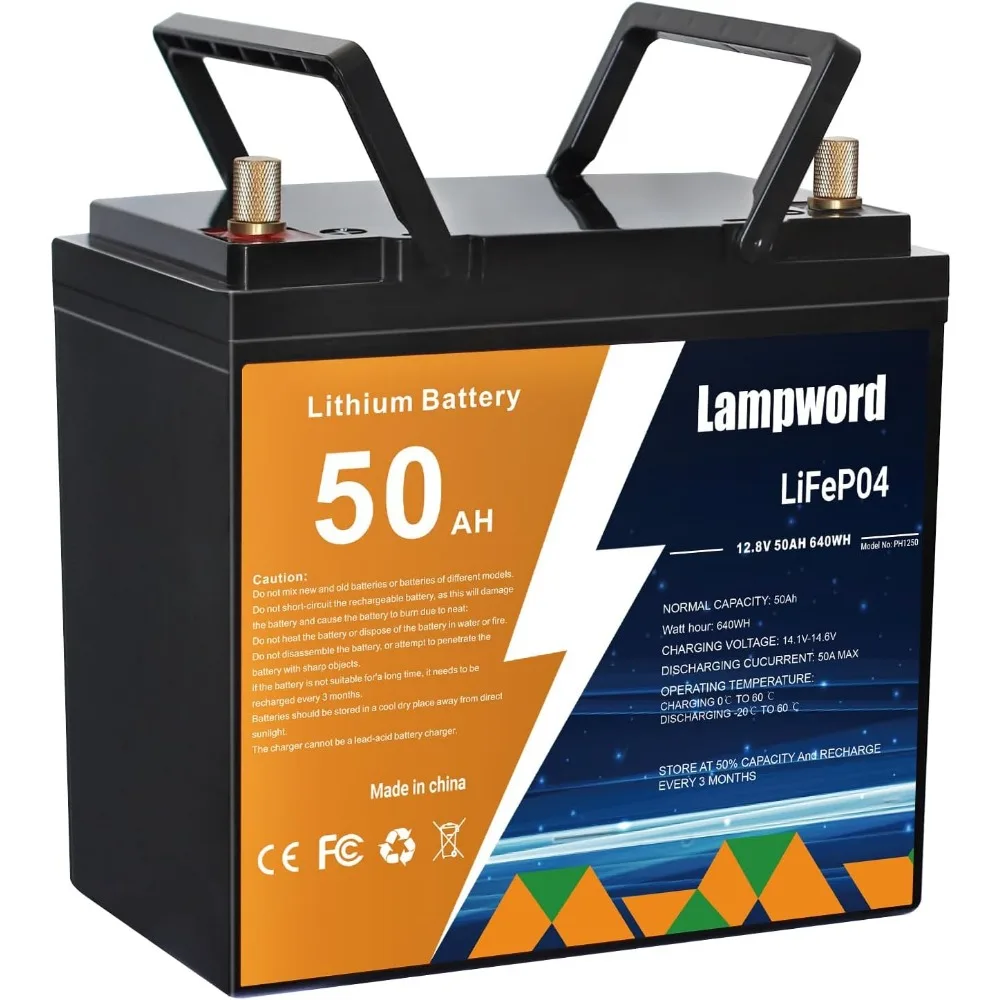 

Lithium Battery 12V 50Ah LiFePO4 Battery 4000+ Deep Cycle Rechargeable Batteries for Trolling Motor/Golf Cart/Solar and Wind